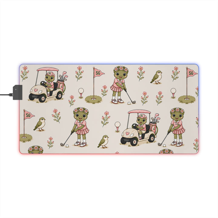 LED Gaming Mouse Pad — Vintage Floral Golf Bear Design, RGB Desk Mat for Gamers & Golf Lovers