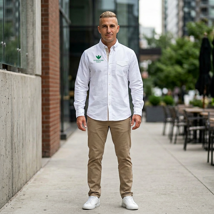 Embroidered Button-Down Long Sleeve Shirt — Small Chest Logo
